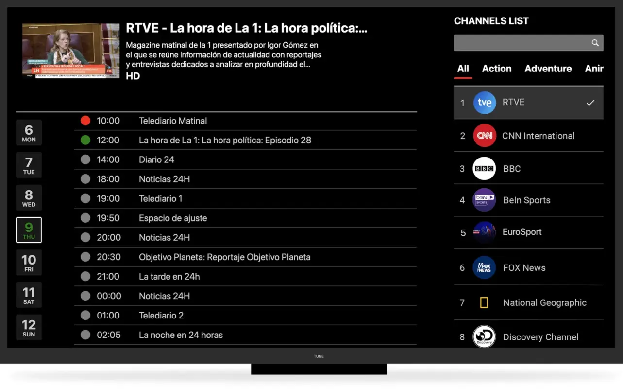 Turbo IPTV IPTV electronic programme guide (EPG) showing the live TV schedule by channel