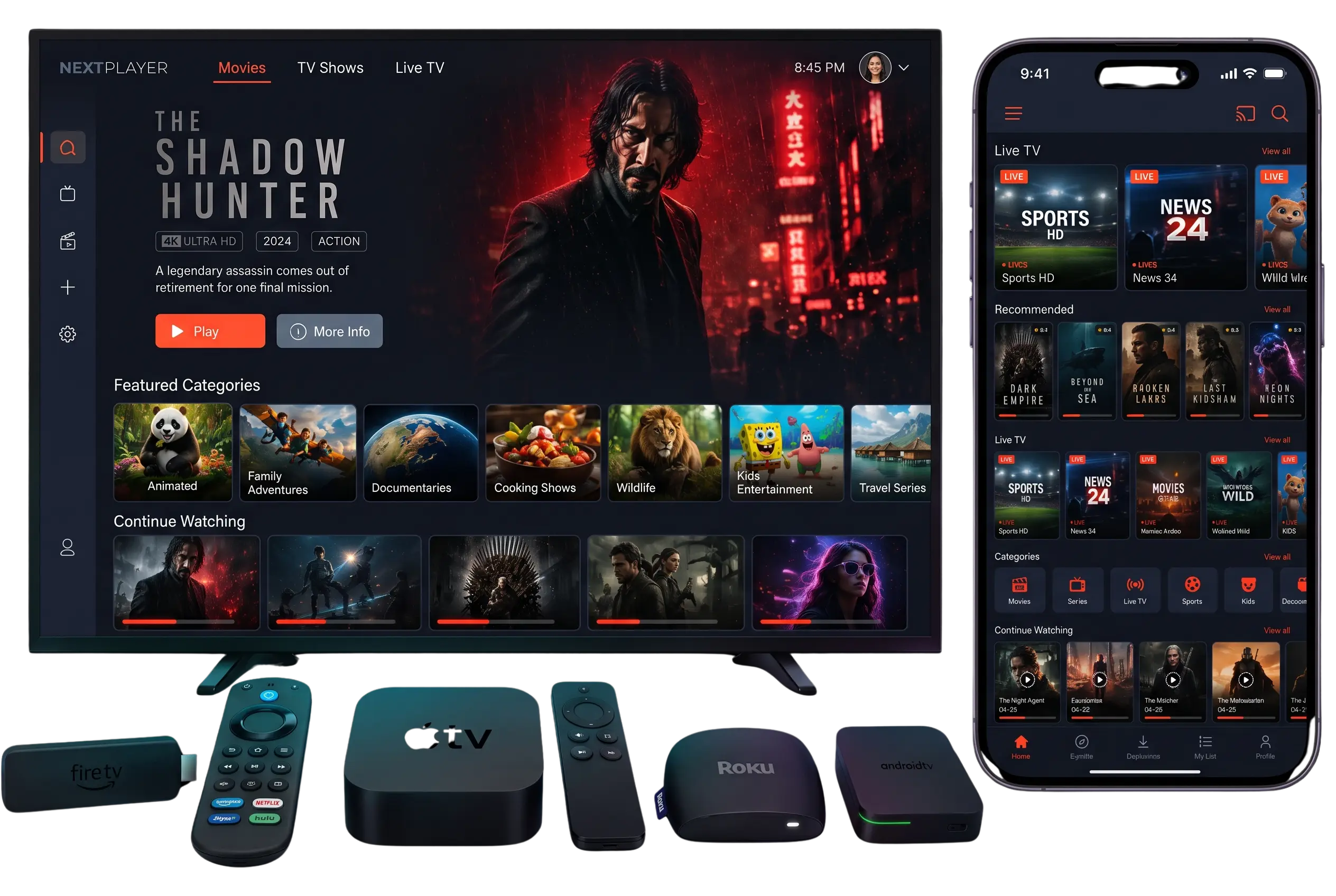 Turbo IPTV IPTV service on a Smart TV, smartphone, Firestick and streaming boxes, showing movies, series and live TV